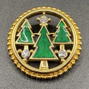 Monet Signed Rhinestone Enamel Christmas Tree Brooch Pin Gold Tone Trees